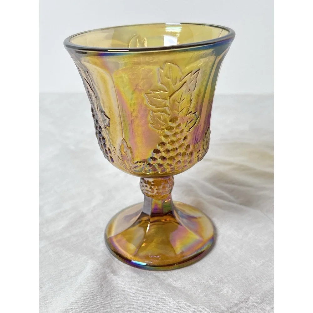 Colony Harvest Water Goblet Grapes Iridescent Glass Carnival Amber 5.25